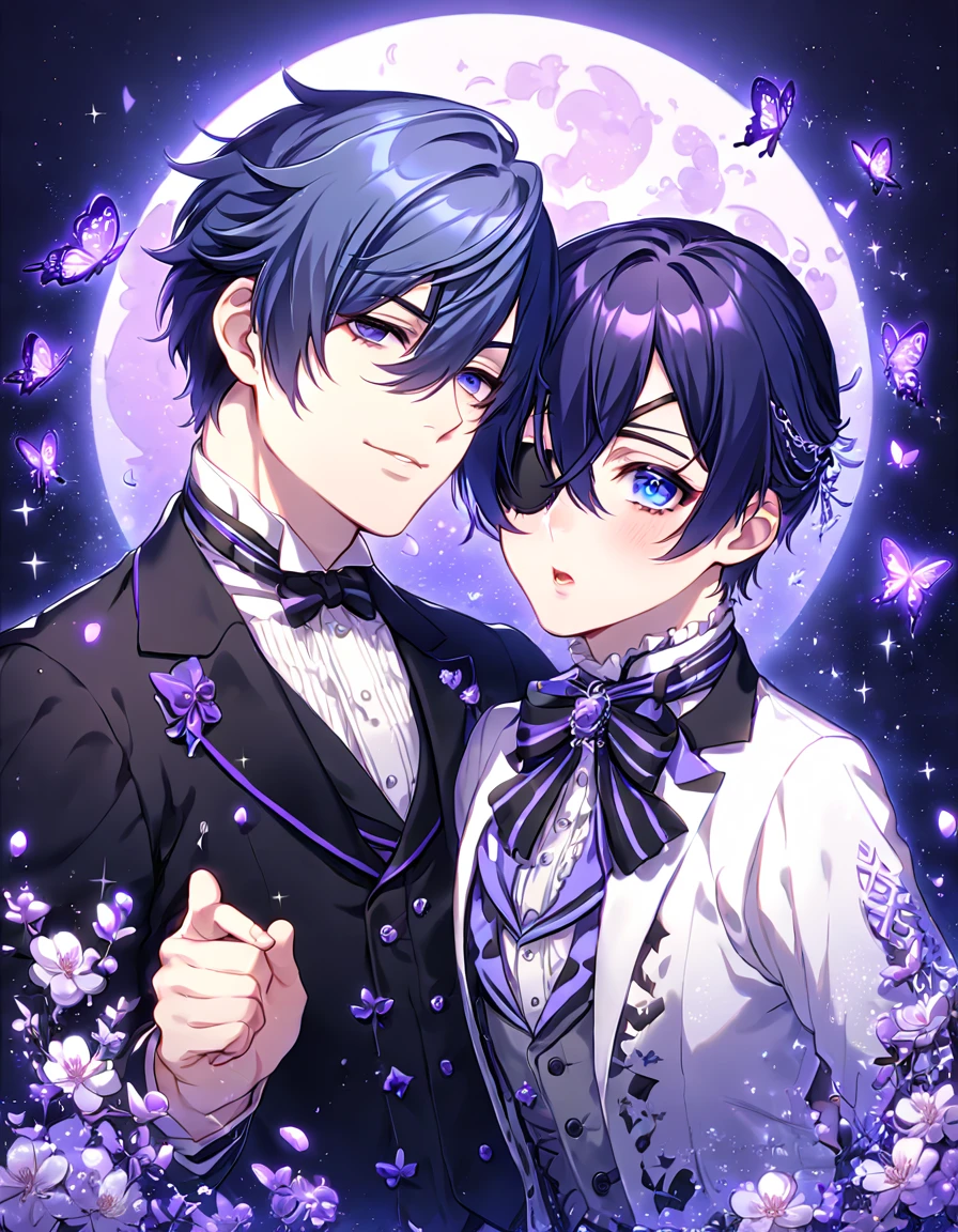 absurdres, highres, ultra detailed, HDR, master piece, best quality, extremely detailed, Ciel Phantomhive, dark blue hair, expressive blue eyes, black eye patch over the left eye, Kuroshitsuji, Ciel Phantomhive, dark blue hair, expressive blue eyes, two men together, yaoi, gay couple, handsome, manly man, black clothes, white clothes, fantasy, magical, shining, purple flowers, blossoms, water, purple petals, purple butterflies, sparkling, purple moon, starry sky