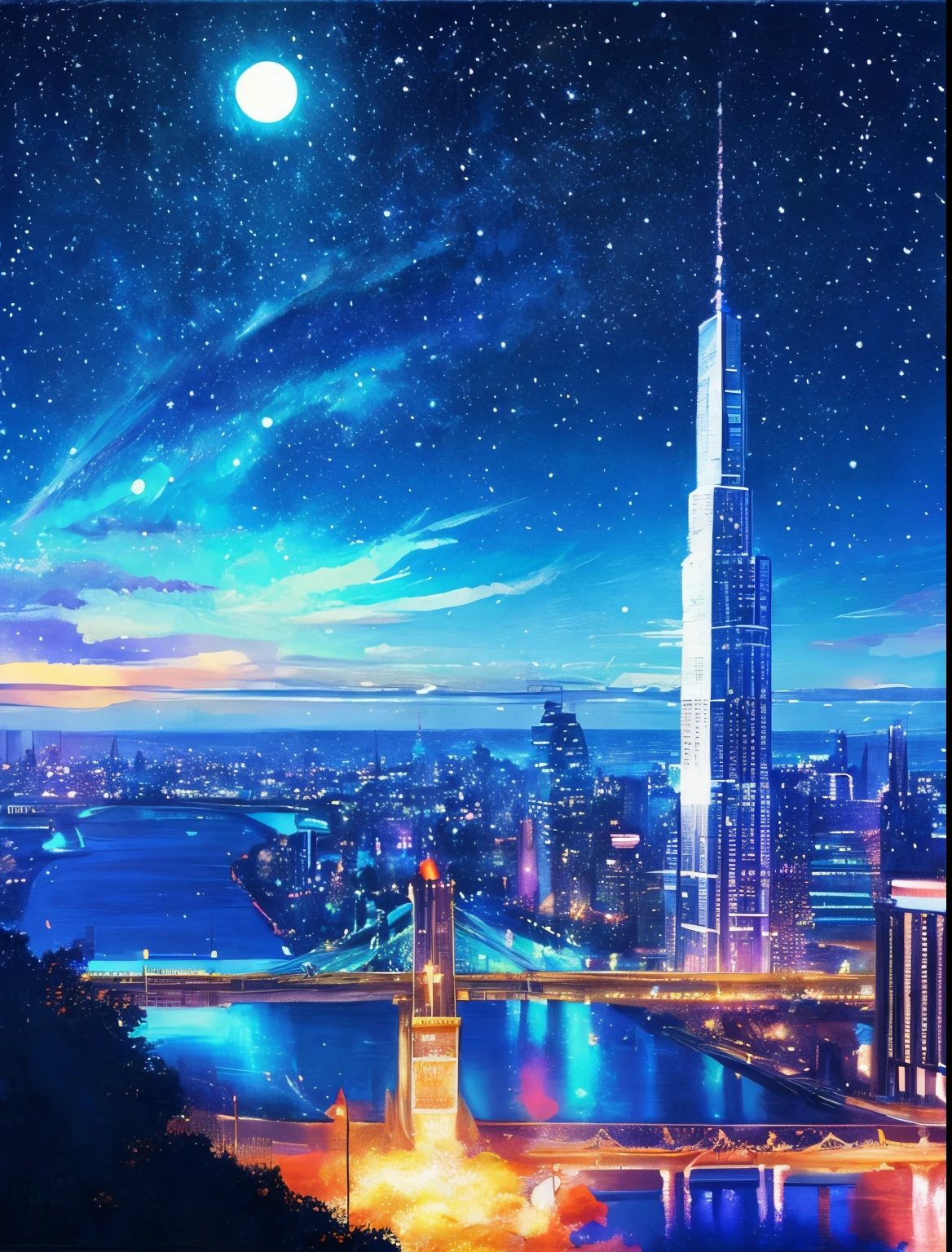 Painting of a river with stars and moon in a rainbow sky、Met、輝くskyscraper、Shine overall、skyscraper、Concept art inspired by Tosa Mitsuoki、Pixiv Contest Winners、Highest quality、Fantasy art、Beautiful anime scene、Bright Moon、Moonlight Star Environment、Dream Painting、Anime Background Art、Fantasy Landscape Painting、- Anime backgrounds、Background artwork、Great art、Atmospheric anime、Starry Sky、details enhanced。