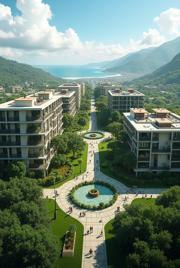 A highly detailed and sharp image of a municipality with green areas for a city called Harmonia Verde in the city of Esmeraldas, Ecuador, South America.