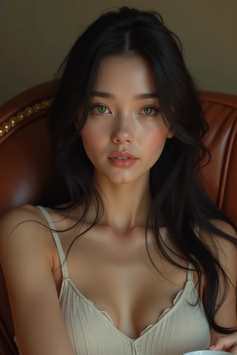 Photorealistic, 20 year old, Caucasian woman, green eyes, black hair, sitting on leather couch, drink in her hand,
