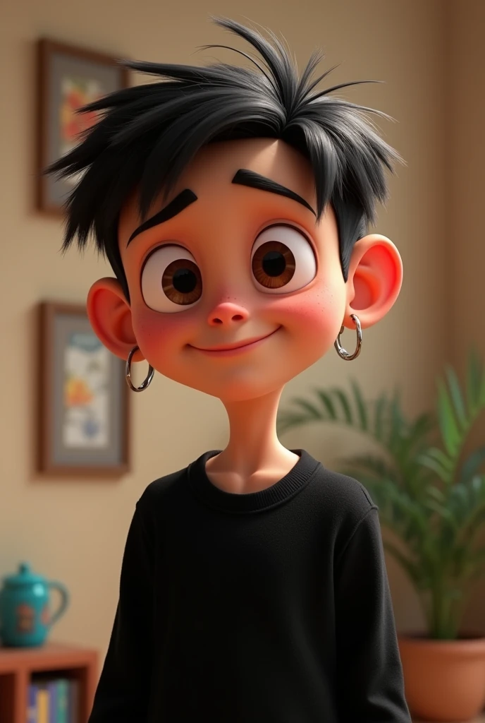 Disney Pixar Character, naughty man, age 20 years, small hoop earring in the ears, shorth hair, Does not have a beard, dark haired, dark shaped eyes, wearing a black sweatshirt.