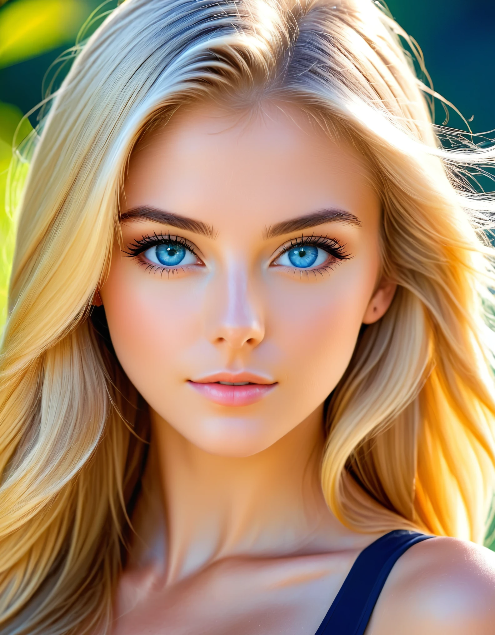 Subject/Themes Beautiful 18 year old woman upper body shot. Sunny Swiss background, Camera shot type: extreme closeup Camera Lens: EE 85mm For detailed facial features Additional details: features of the model Blonde hair, blue eyes, turning: head-on towards camera: creates a seductive atmosphere. Detail and resolution keywords: high detail, sharp image, midday, EE 85mm, blue eyes, natural light