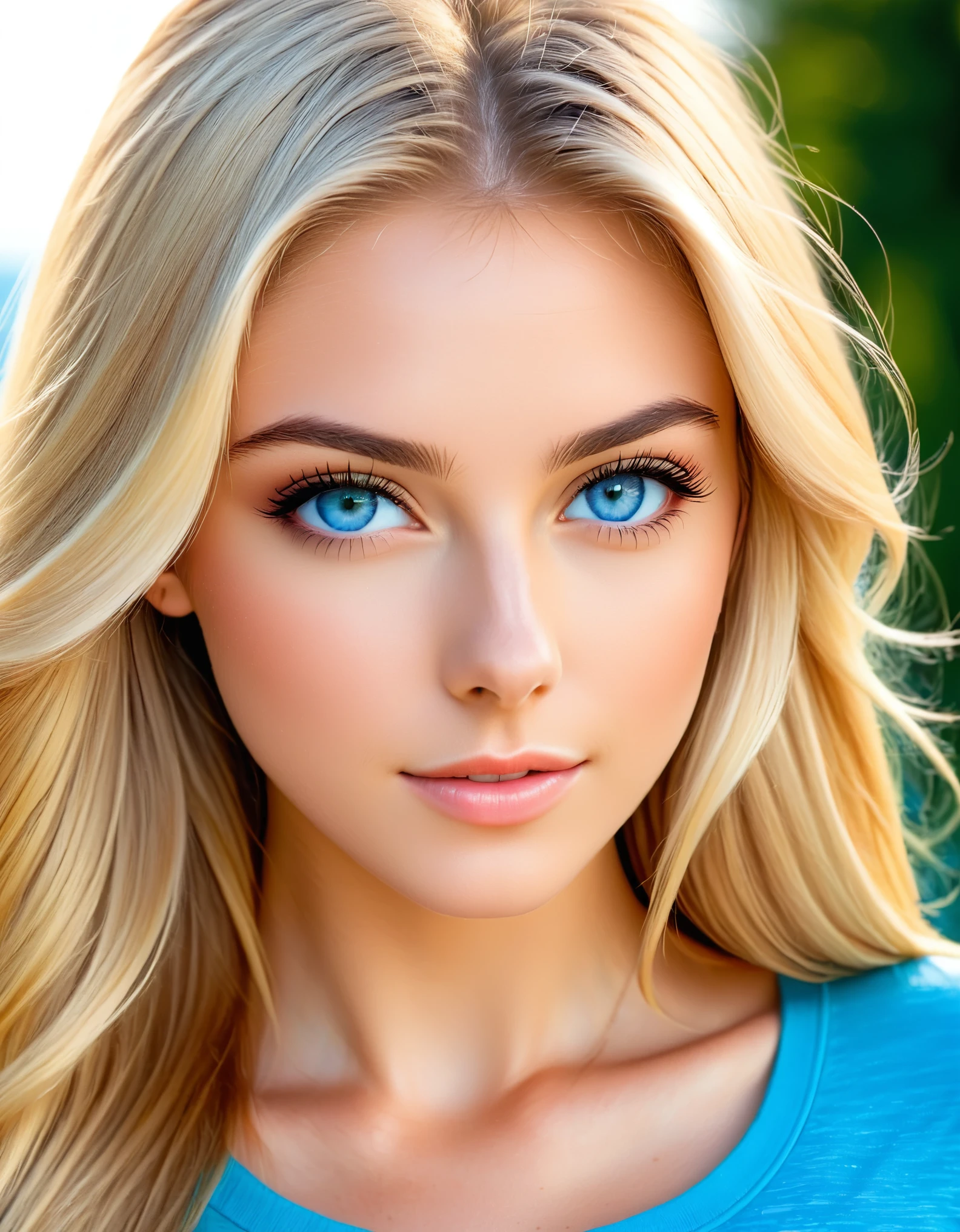 Subject/Themes Beautiful 18 year old woman upper body shot. Sunny Swiss background, Camera shot type: extreme closeup Camera Lens: EE 85mm For detailed facial features Additional details: features of the model Blonde hair, blue eyes, turning: head-on towards camera: creates a seductive atmosphere. Detail and resolution keywords: high detail, sharp image, midday, EE 85mm, blue eyes, natural light