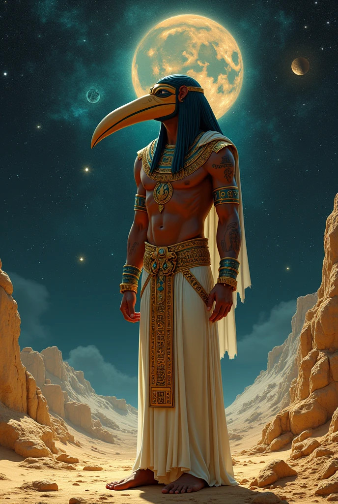 Ancient Egyptian God Thoth with his long sacred ibis beak admiring the universe in its entirety while transferring knowledge to humanity. Rich in details. Valuing all aspects of this wise God.