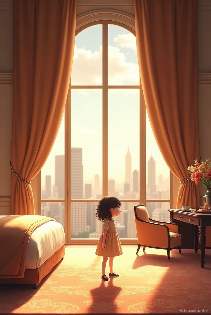 spacious hotel room with young girl