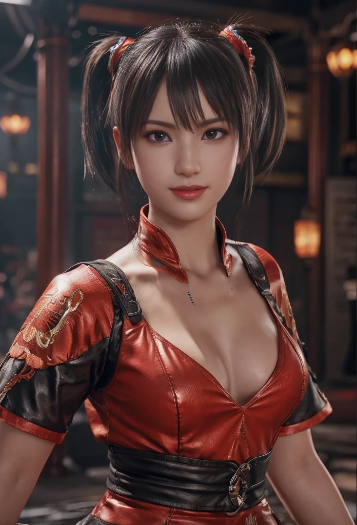 Tekken, Xiaoyu, (best qualityer, ultra detail), (realisitic:1.37), beautiful and detailed face, ultra-realisitic texture, Exquisite face, Delicate body, red lipgloss stick, shiny colors. High definition, 8k, expression a slight cute smile