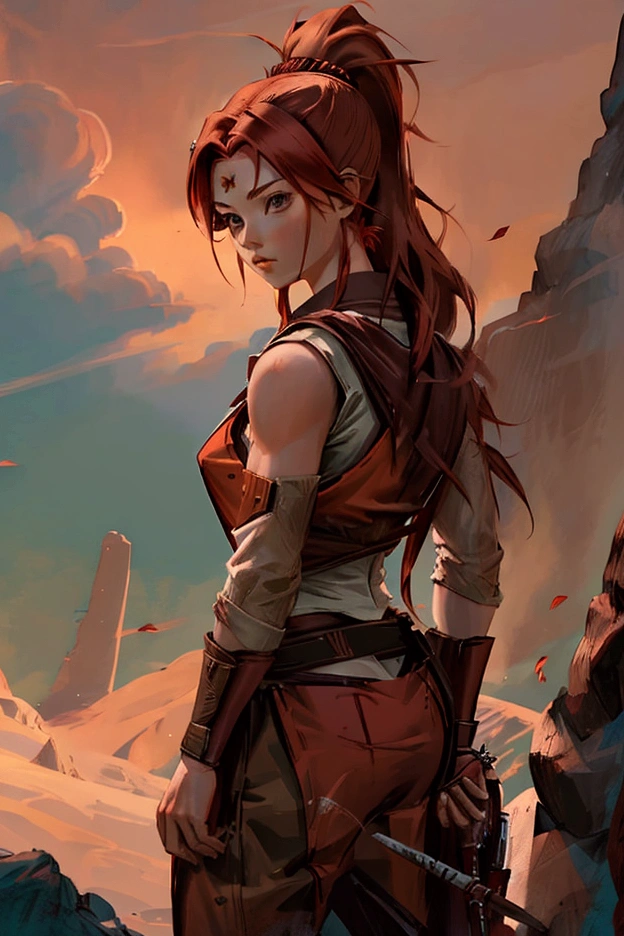 A beautiful red-haired female warrior dressed as Son Goku