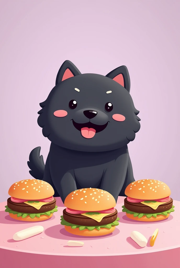 Invitation card to "Mari's Burger Party", Saturday, the 17th at noon. The card design with a pastel lilac background, that has a table with 3 burgers and a black chow chow dog with a happy face in the middle of the table. Pastel and kawaii style