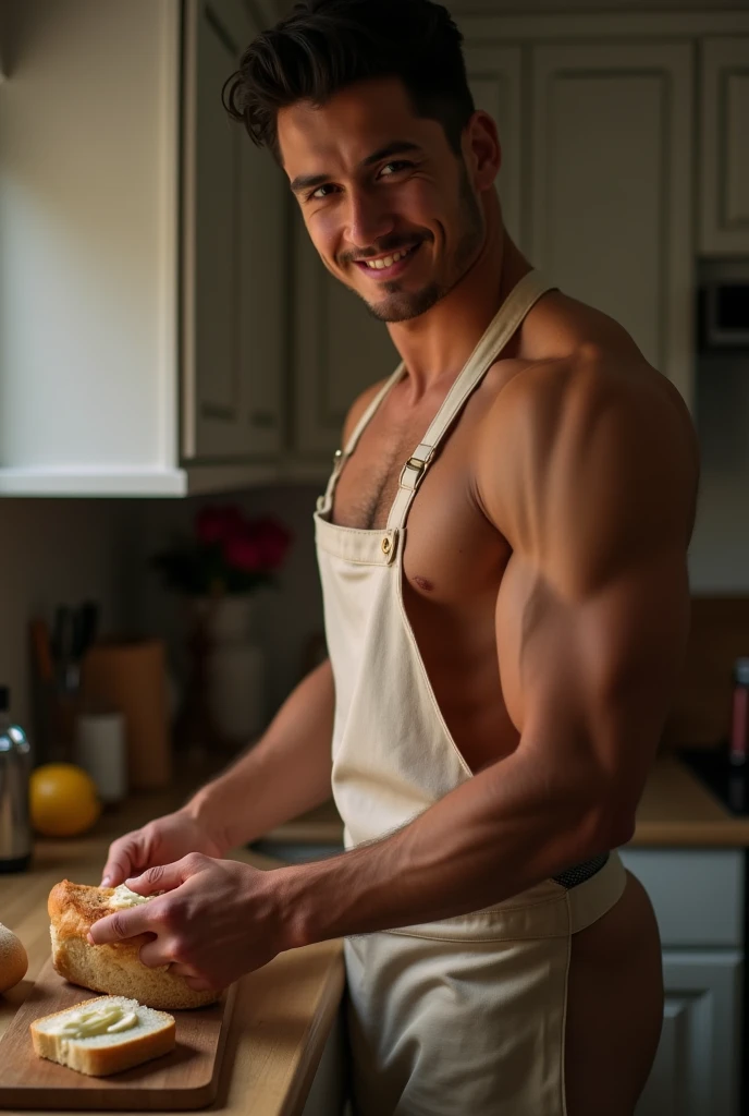 photorealistic, best quality, masterpiece, extremely detailed, very sexy, very homoerotic, side view, extremely handsome, 30 year old muscular filipino man, (muscular bodybuilder), (smiling), wearing only apron, gstring jockstrap, buttering bread, in kitchen, looking at camera, extremely romantic atmosphere, perfect face, perfect fingers, perfect hands, perfection