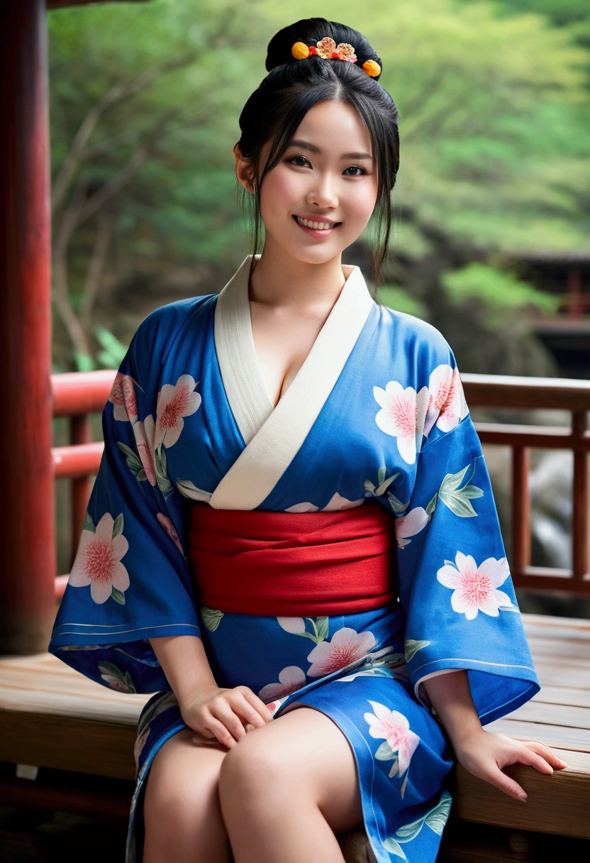 Beautiful female model,27 years old,Chinese tribe,thick body type,fair skin,big breasts,big ass thick thighs,facing a seductive smile,Black hair color,bun hair type,blue eye color,yukata clothing,full body photo distance,full body view,portrait screen type,seductive pose action,hot spring place,cinematic scene lighting,realism style
