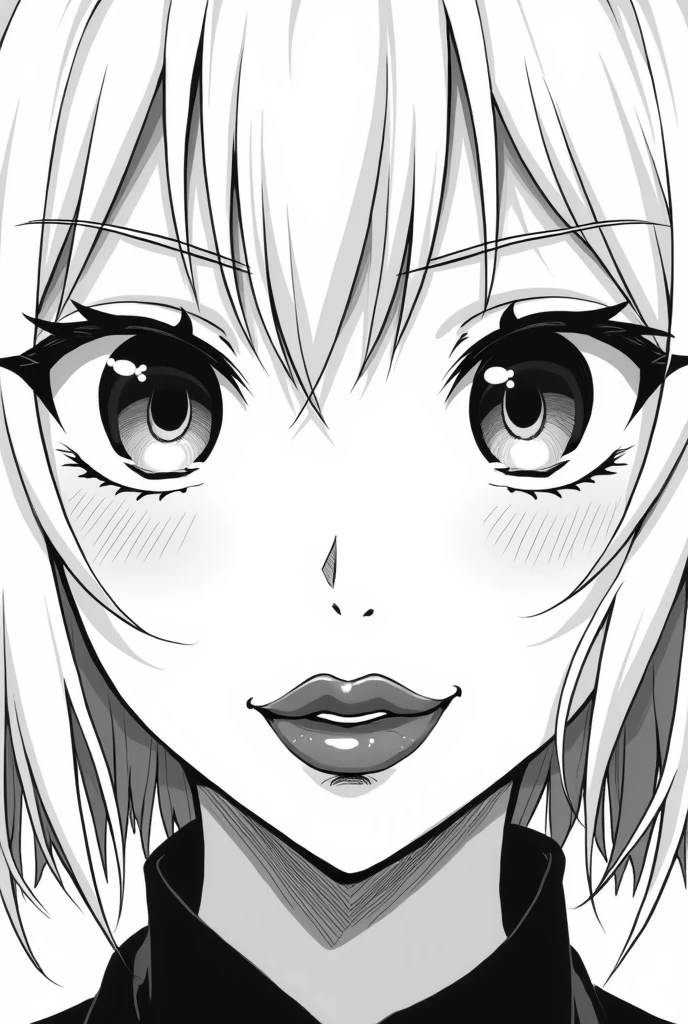 Black and white manga image of a girl with shoulder-length white hair with two strands over her face wearing Japanese shiny lips smiling