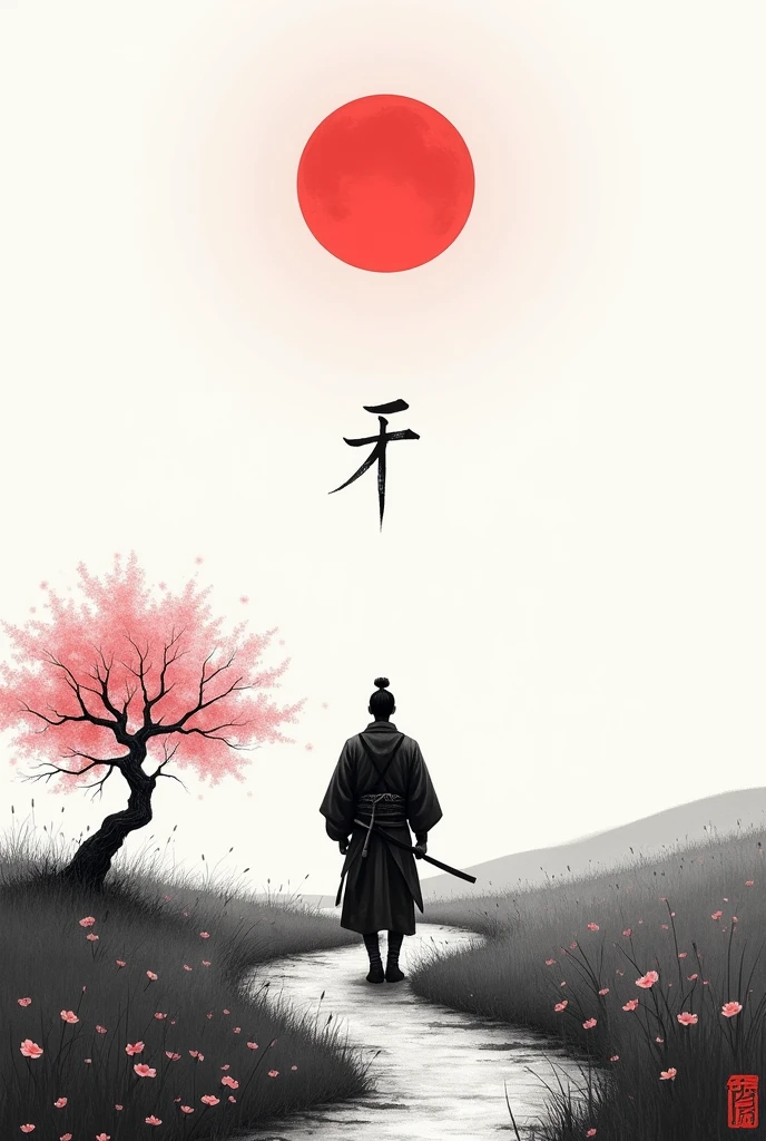 black and white drawing in Japanese style, Samurai in the distance (man, adult person) walking along a path through a field, a single pink cherry blossom tree nearby, Red moon in the sky, The picture above shows a Japanese kanji "quiet". Everything is harmonious around