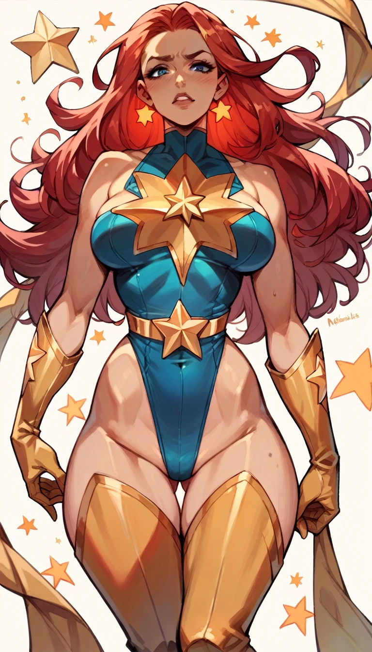 score_9, score_8_up, score_7_up, score_6_up, score_5_up, score_4_up, Sexy, Superheroine, Red hair, long hair, busty, curvy, ((blue highleg leotard with a t-back thong and a gold star insignia on chest)), gold boots, gold gloves
