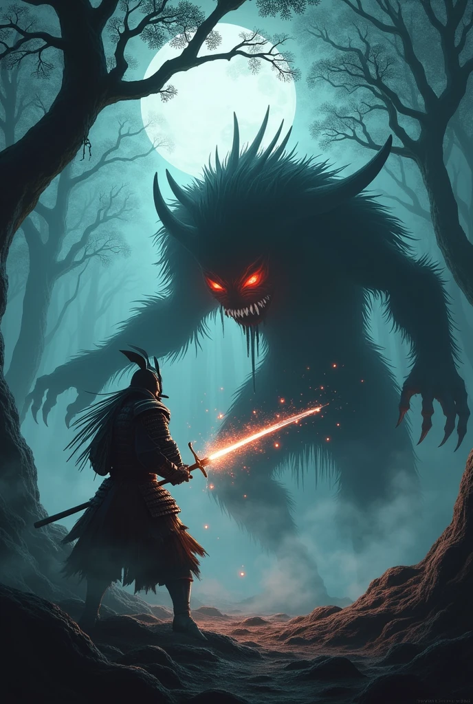 A fierce battle between a Japanese samurai and a terrifying yokai in a dark, foggy forest. The samurai, dressed in traditional armor, wields a gleaming katana, his stance strong and determined. The yokai, with a monstrous form and glowing red eyes, exudes an eerie aura. The forest is filled with twisted trees and mist, with dim moonlight filtering through the branches. The scene is intense, with sparks flying from the clash of weapons, and the atmosphere is thick with tension and supernatural energy