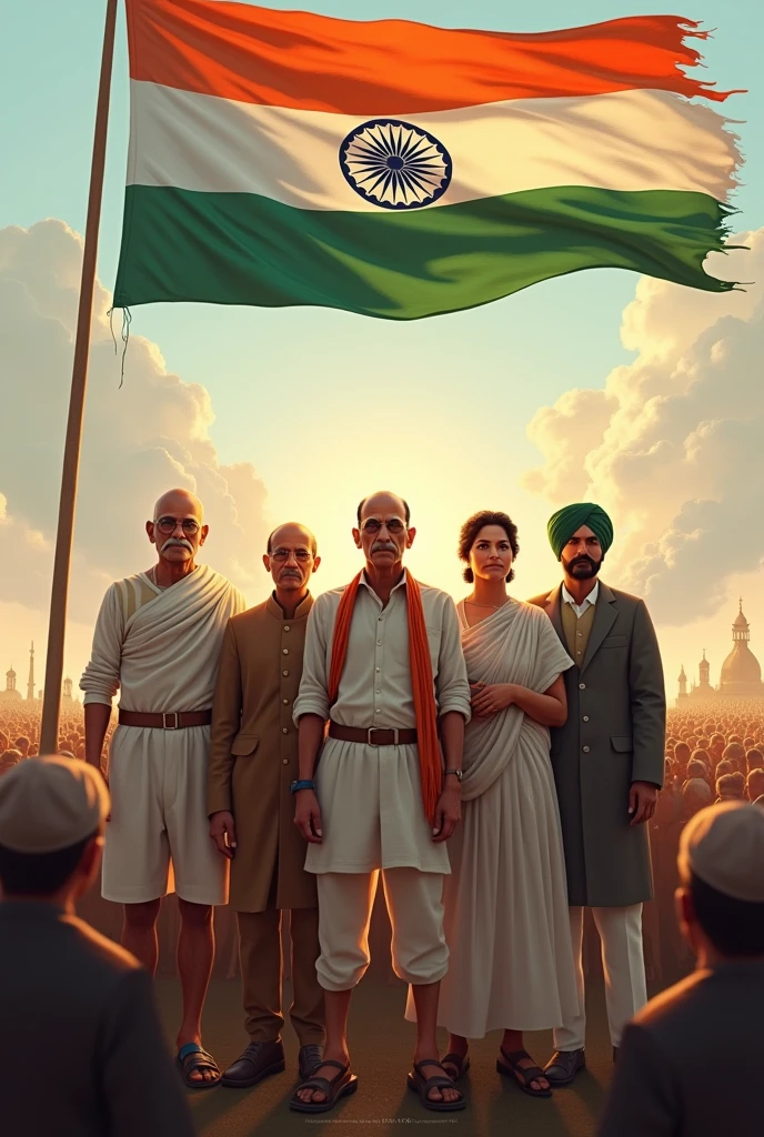 Infront of indian flag all freedom fighter like Mahatma Gandhi , jabaharlal neheru , subhaschandra Bose , bal ganga dhar tilak , Rani Laxmi Bai , bhagat singh are standing 
