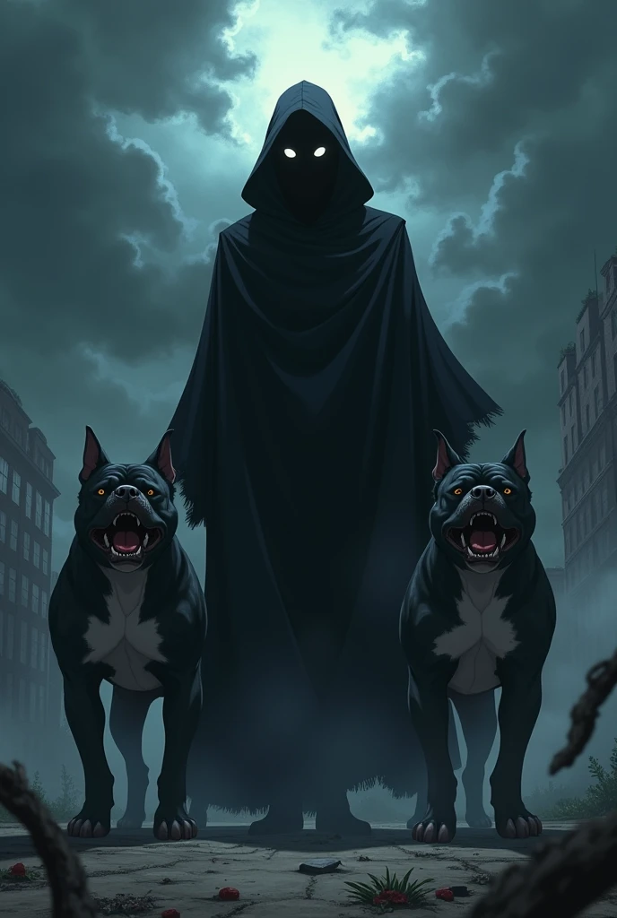 Anime image of Death Terror with two pit bulls
