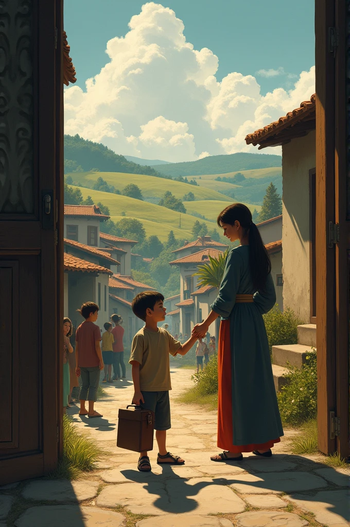 A boy leave Home and his mom's say goodbye emotional villege picture