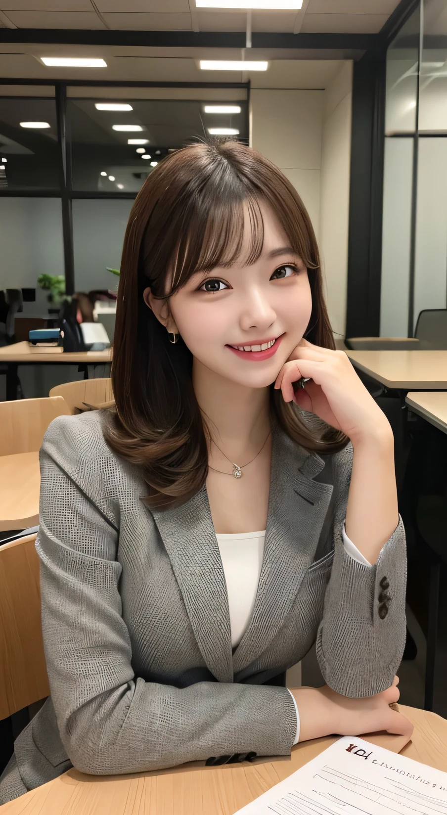 Tabletop, Highest quality, figure, Very detailed, In detail, High resolution, Beautiful girl、Laughter、Casual business suit、Office Background