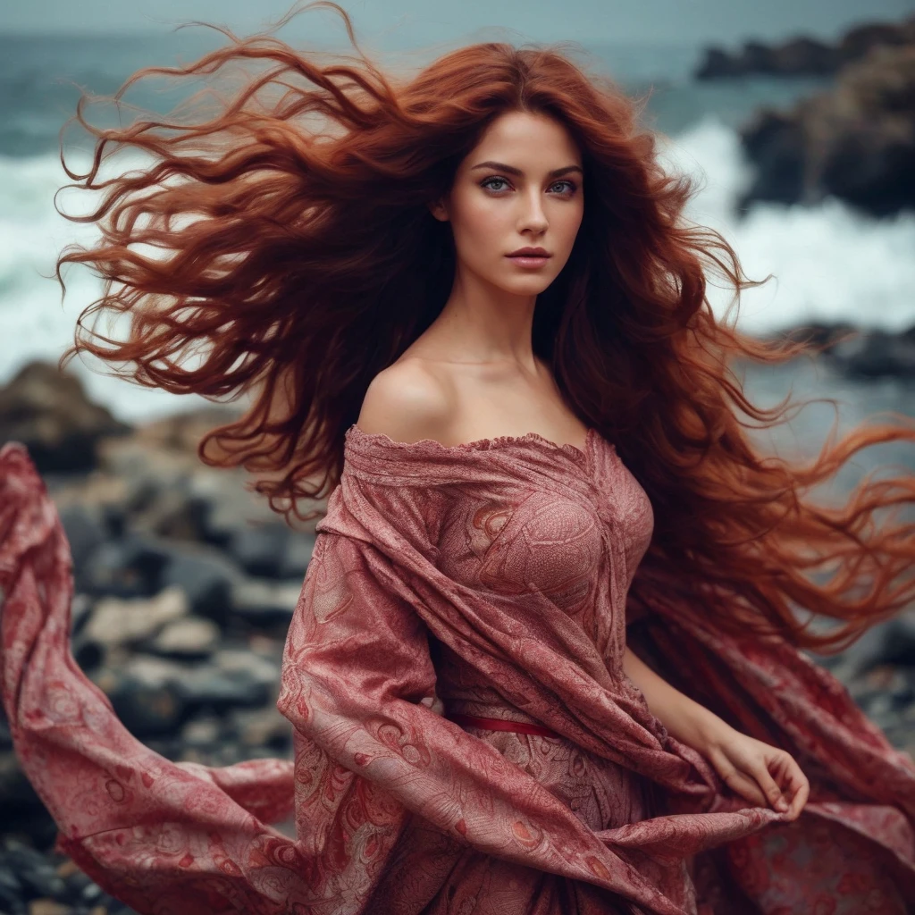 scene is a Long shot of a barefoot a sensual gypsy woman , bare-breasted. A shirt made of wrapped fabrics:1.1),(masterpiece,best quality,pretty Gypsy women ,beautiful face,8k,raw photo,photorealistic,absurdres:1.2),long wavy hair,long shot,dutch angle, facelight,film grain,chromatic aberration,highres,ultra detailed,finely detail,light blue frilled lace dress,detailed skin and eyes and face,sharp pupils,realistic pupils,sharp focus, /Imagine prompt: Create cinematic images of a female gypsy dancer in various poses in front of a rocky beach - show images of a woman's body in a stormy sea environment and her long hair blowing in the wind. A sensual a beautiful appearance / very real natural female face like a human, dancing "Gypsy" - / scene is a full long shot 35mm photographic lens - women stood on the rugged rocks by the stormy shore. camera focus is sharp on her face, her big honey blue eyes / a beautiful face with lovely lips with lust on her big honey blue eyes /
She look into the camera lens ,radiates deep charm and lust.
A woman's height is 185 cm - she is barefoot and a sensual, bare-breasted girl. The beauty and attractiveness of a woman's naked body and big and open eyes increase focus and clarity in a woman's face./- a real beautiful woman with beautiful female anatomy -/with natural face a beautiful human woman with big honey blue eyes - a charming dancing woman with big honey yellow eyes
- The woman's eyes are fully open, increasing the focus and clarity of the woman's face. 
A dancing woman standing on a rocky mountain bed and dancing by a stormy beach. The camera lens focuses on his face, eyes wide open. 
 a gypsy woman’s wavy hair, red wavy hair, her eyes are attractive with long eyelashes, her posture is very feminine - obvious feminine lust, obvious feminine lust is one of the characteristics of her femininity. //Through the lens of the 35mm camera, we see a full shot of her standing gracefully on the jagged rocks by the stormy shore, dancing happil