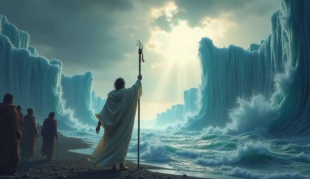 Moses raising his staff, as the waters of the Red Sea divide around him, forming walls of water. The sky is cloudy, with rays of light illuminating the scene. The Hebrew people appear in the background, In ecstasy and fear.