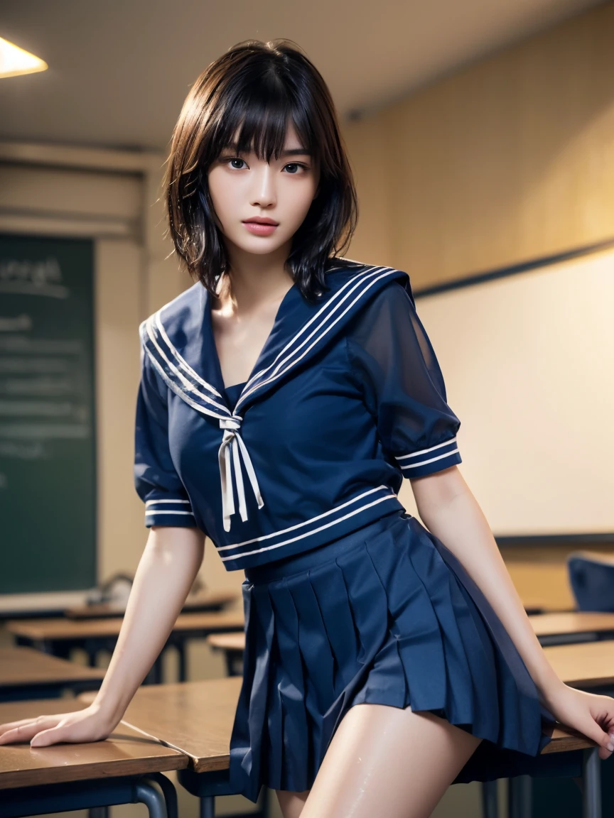 (masterpiece:1.2), Very detailed, Ultra-high resolution, (Realistic, photo Realistic:1.6), High-resolution RAW color photos, Professional photos, Sharp focus:1.2, (Very detailed顔と肌の質感, Very beautiful eyes, Glossのある肌, Glowing Skin, Glowing Skin, Shining Face, Gloss, Oily skin, greasy face, Oily skin, greasy face,),, (real Glossのある肌 texture), Perfect Anatomy, Very detailed背景,(High school classroom at night),25-year-old woman, Japanese women,Height: 168cm,(short hair, Straight hair, bangs, Brown Hair),((Flat Chest:1.6)),(Slender legs), ((((White short-sleeved sailor suit、Navy blue pleated skirt:1.5))),(Leaning forward、Touching the desk、look back)、(((Wet and sheer sailor suit:1.4,Sexy bra in sailor suit))),(((Wet and sheer sailor suit:1.4)))