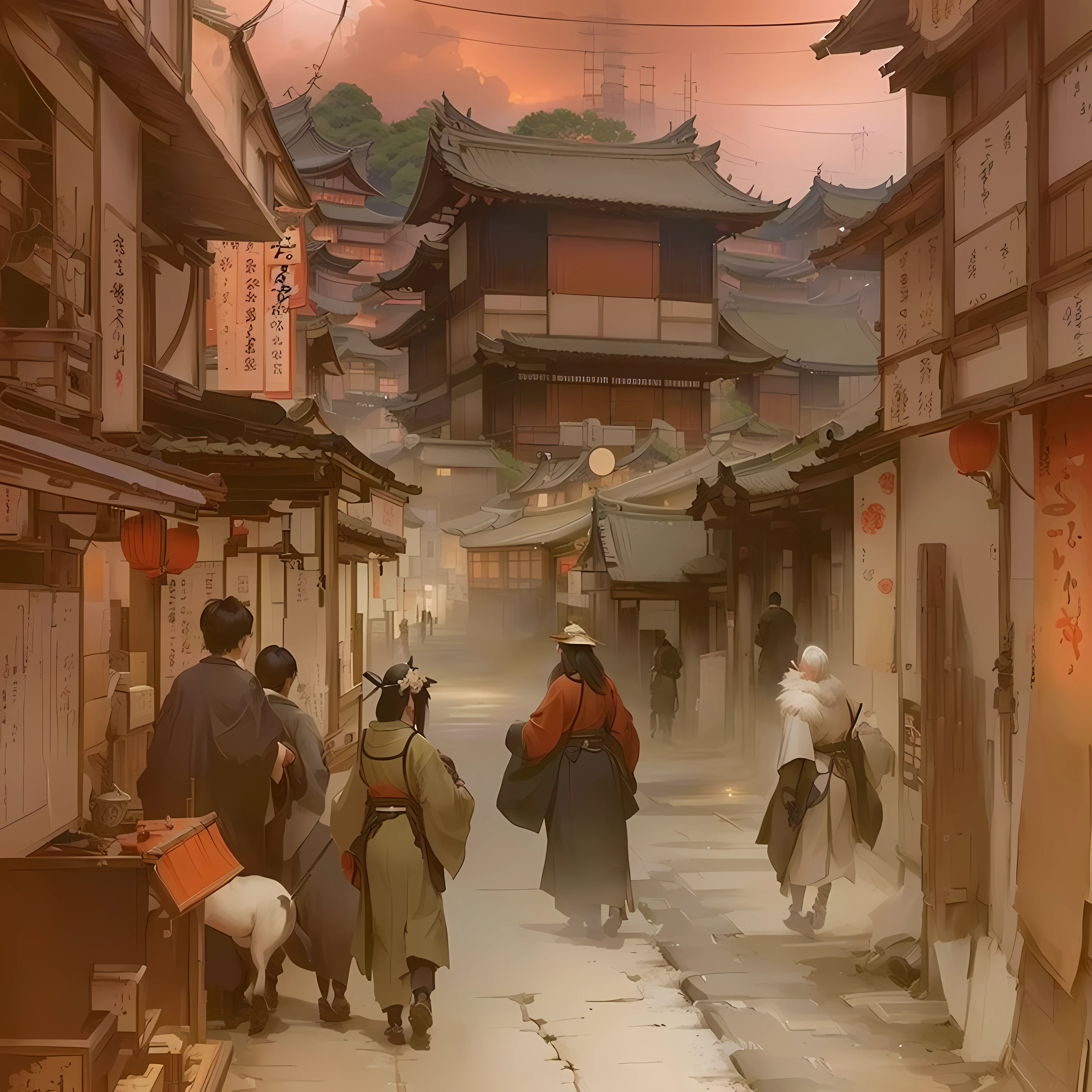 People in the center々Cityscape with animals, by Kamisaka Sekka, Traditional Japanese concept art, Old Asian Village, Video game concept art, concept art scene, Japanese Street, cinematic concept art, Japanese Village, feudal japan art, Concept work, Japan Streets, Concept Painting, or period, Professional Concept Art, Or how to do it
