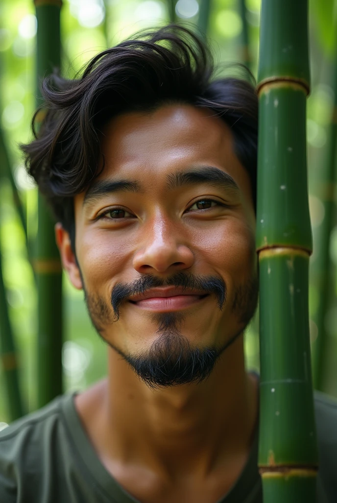 A 35-year-old man with a bit of Japanese and Brazilian descent, show only from the bust up to the face, well flushed, short mustache and beard, medium length hair, parted, slightly messy, in the midst of a bamboo grove dreamhsaper, Grinning