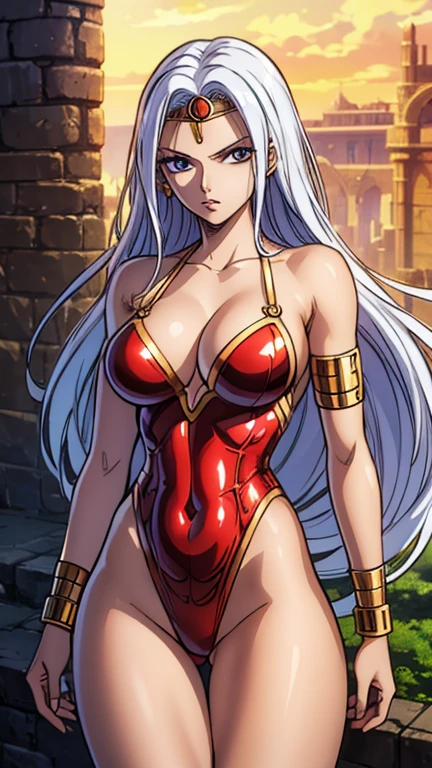 (1girl, Glory_DG), (extremely detailed CG unit 8k wallpaper),(master part), (best quality), (ultra detail), (best illustration),(One Piece Style), cowboy shot, (Sharp eyeliner, ombre, detailed eyes:1), medieval ruins background, break , upper body, bangle, armlet, leotard, red bikini armor, white hair, bracer,dark-skinned female, circlet,makeup,very long hair,