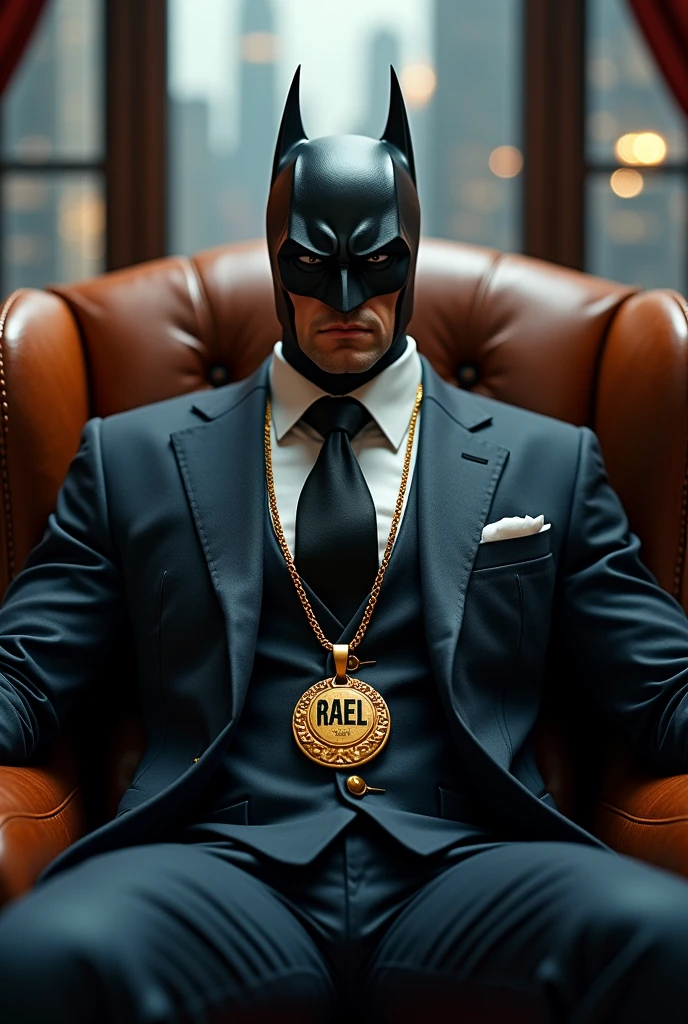 Create an image of the Batman character with a wealthy boss posture, wearing a suit and sitting in a chair in an office with a gold chain that says Rael, only the letters on the pendant, and in all caps.
