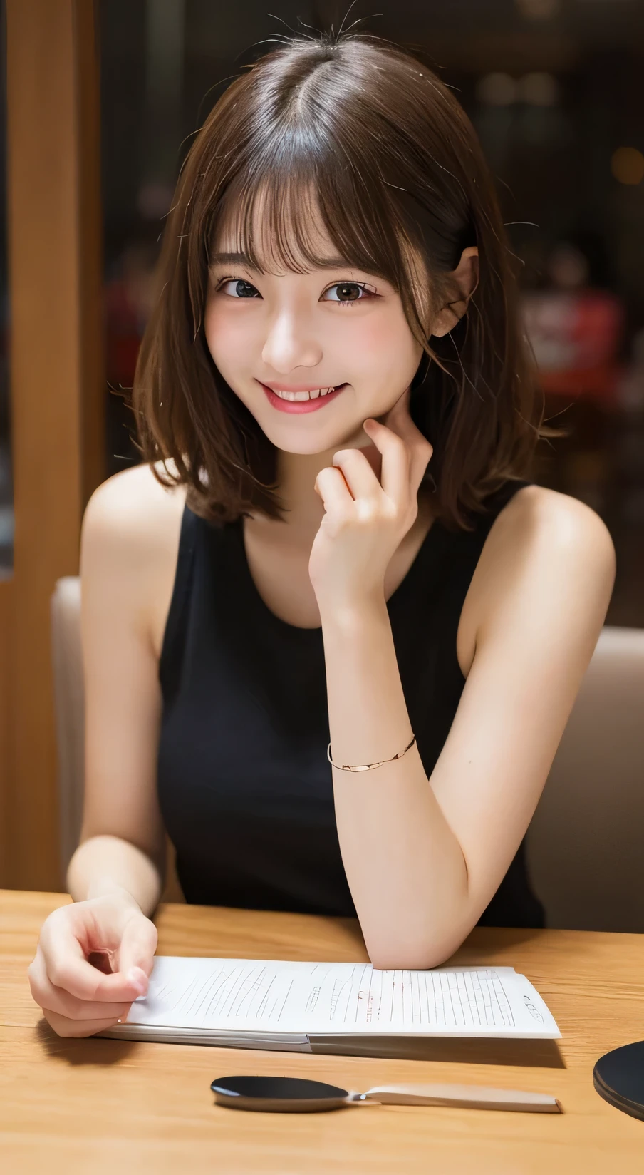 Tabletop, Highest quality, figure, Very detailed, In detail, High resolution, Beautiful girl、Laughter、Short hair up to the shoulders、Loose and fluffy perm