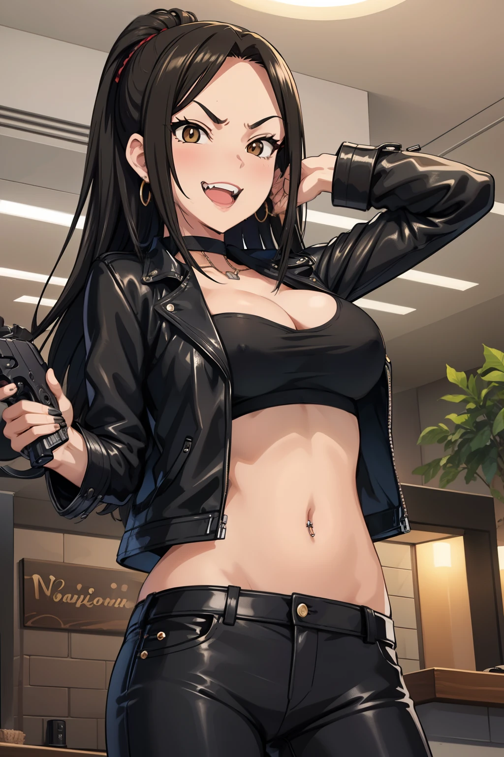 takumi, 1girl, black hair, long hair, brown eyes, large breasts, solo, mall, shopping center,indoors, blush, lipstick, jewelry, earrings, Hot girl, baddie, mean girl, sensual, attractive, bar background, inside bar, indoor, masterpiece, best quality, highly detailed, a girls with a gun, evil smile , open mouth, sexy gaze, badass pose , evil smile, smile, (nsfw) not safe for work, guns blazing, anime girl with long hair, beautiful long haired girl, navel, evil expression, exposed belly, exposed navel, exposed midriff, exposed lower belly, long black pants, crop top, cleavage, unbuttoned leather pants ,open fly, low rise black leather pants, leather jacket, holding a gun, holding pistol, navel piercing