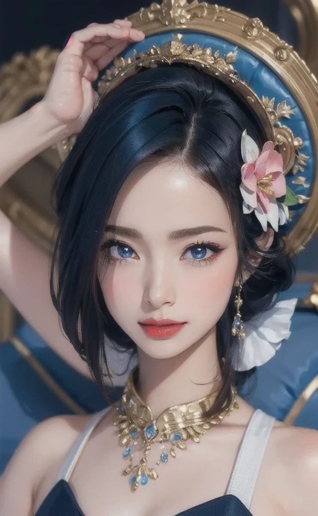 (masterpiece:1.4, Highest quality), (Intricate details), unity 8k wallpaper, Super detailed, beautifully、aesthetic, Perfect lighting, (One person), (Blue Hair, blue eye, Medium chest),, Dynamic pose, Dynamic Angle,  lipstick, slim, slim body, Medium chest, , Detailed Background, Realistic, alone, Face in perfect detail, detailed eye, Very detailed, blush, hair ornaments, rolling_eye, squint,