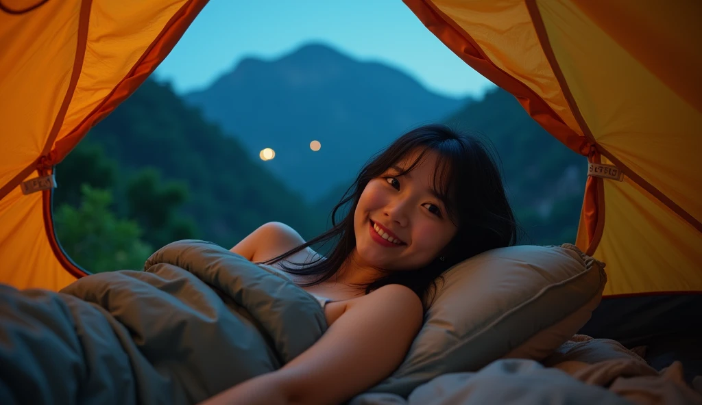 1 woman, Korea people, Beautiful black hair, honey colored hair,((upper body selfie, happy)), Shooting in a tent, wearing a sleeveless t-shirt, beautiful backlight, Tent Open Sign,masterpiece, best quality, overly detailed, alone, Exterior, (night), mountain, nature, (star, moon) cheerful, satisfied,, Lie comfortably in your sleeping bag, inside the tent, When I open the tent, You can see pretty riders outside.., forests, rock formation, descent, forest, performance, Shady, contrast, clear sky, analog style (look up at the viewer:1.2) (skin texture) (film grain: 1.3), (Warm shade, warm tone:1.2), enlargement, cinematic light, side lights, ultra high resolution, best shadow, ..raw, bust, wearing a pullover, Relaxed and intimate photos
