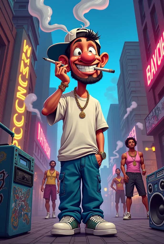Cartoon of a white 90s rapper smoking weed
