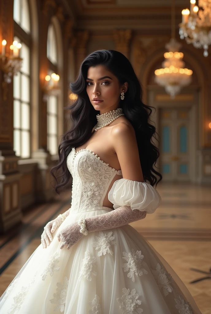 Kylie Jenner wearing a white Victorian ball gown with pearls 