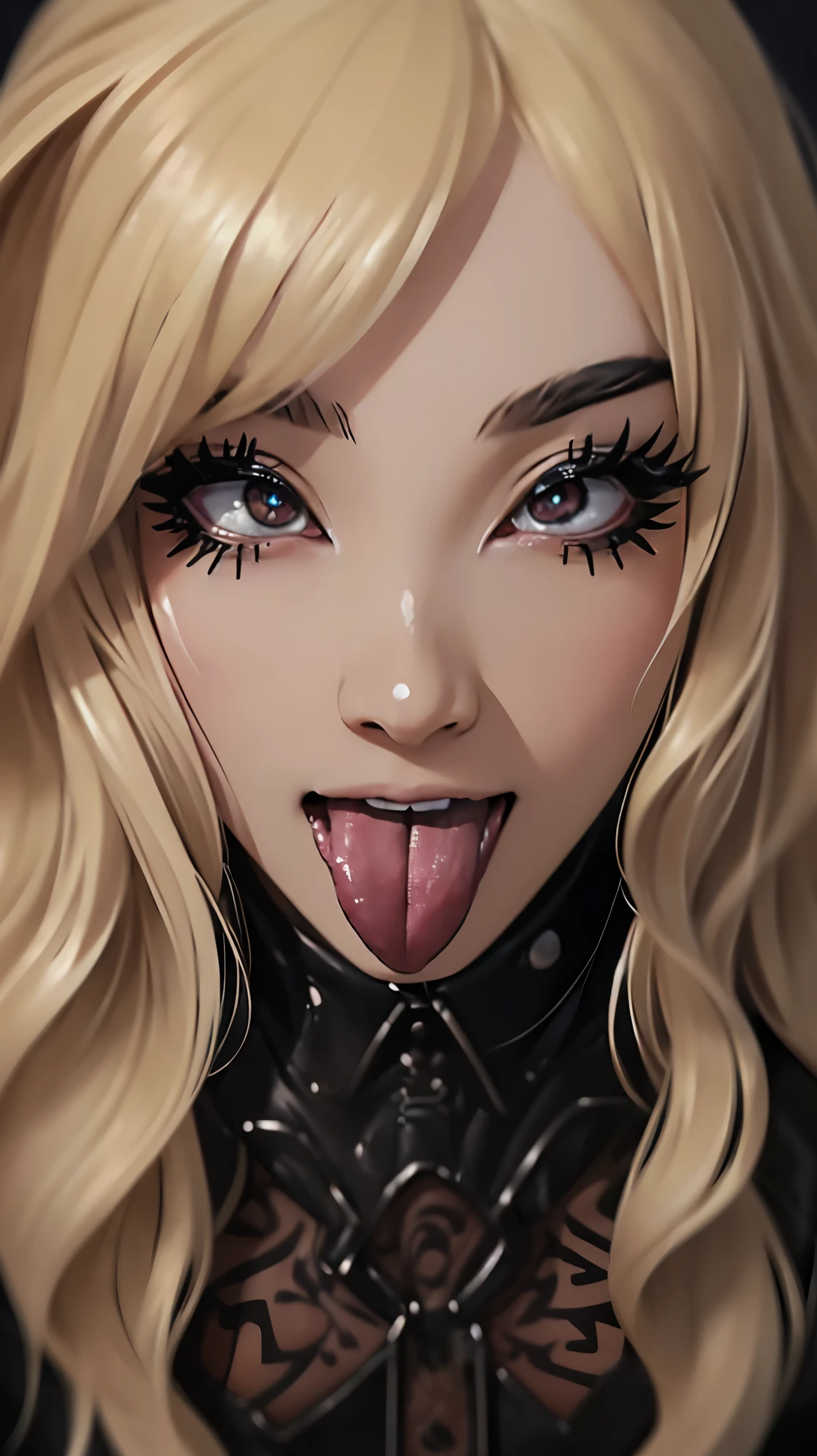 masterpiece, Highest quality, (Face close-up, Sticking out a long tongue, Ahegao:1.5), beautiful girl, happiness, smile, Beautiful and detailed, Narrow eyes, Dark Eyes, amount, Thin eyebrows, Eyelash extensions, (blonde, Wavy bristles, Long Hair:1.3), Gal Makeup, (Goth punk rock outfit:1.3), (Small band house:1.3)