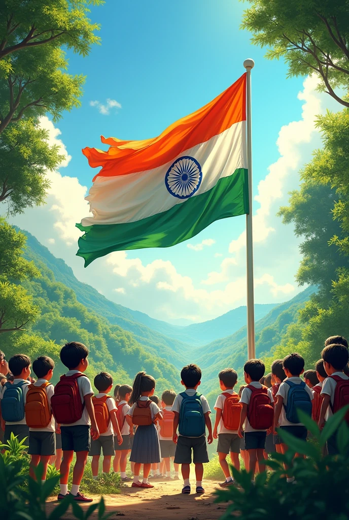 Indian flag waving in the wind throughout the nature environment.  Lots of  kids around