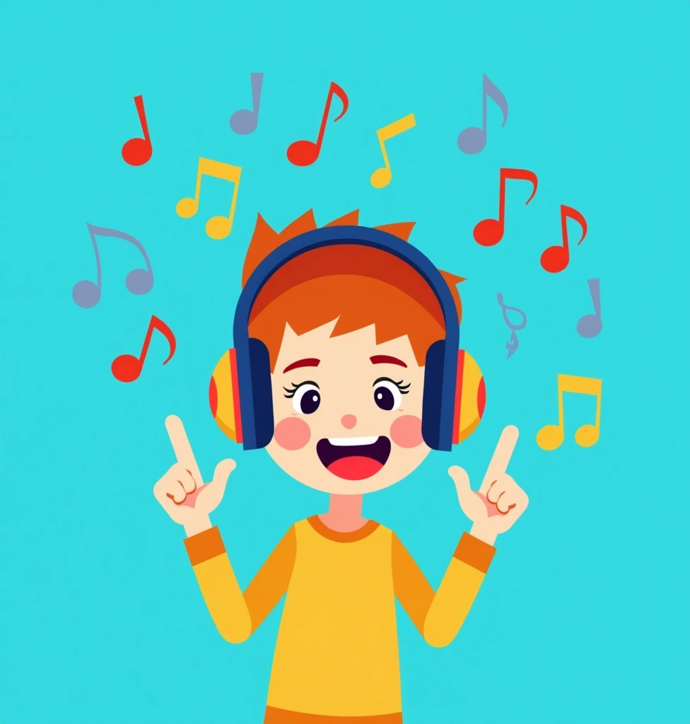 Create a flat design character of a boy with simple shapes and no overlapping. He should be wearing headphones and making a rock and roll hand sign, with a happy expression. The background should be blue with musical notes to add a fun and dynamic touch. 