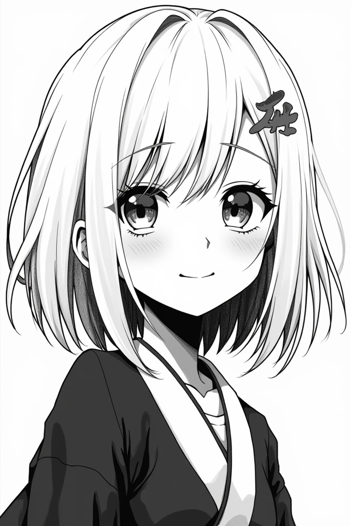 Black and white manga image of a girl with shoulder-length white hair with two strands over her face wearing Japanese shiny lips smiling