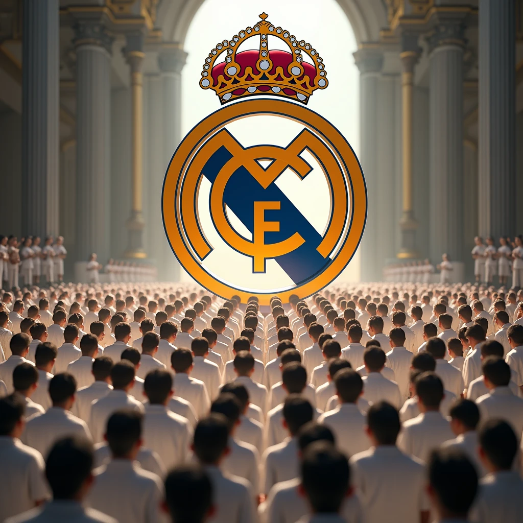 (photorealism:1.2), Real Madrid FC logo, Being worshipped by many people dressed in white,