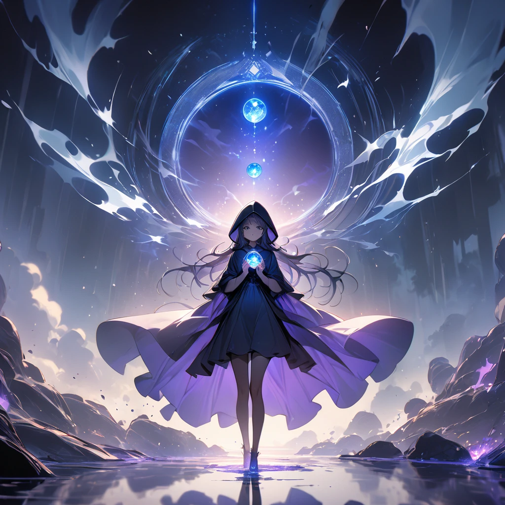 (((masterpiece, best quality, 8k))) full-body shot of a hooded girl with a perfect face, standing on a reflective ground. She is holding a source of blue and purple light energy, with many particles surrounding her. The environment is dark and misty, with the only source of light coming from the energy and particles, all glowing in blue and purple tones. The atmosphere is mysterious and otherworldly, with a misty haze drifting around her feet. Her face is partially obscured by the hood, and her eyes are focused intently on the luminous orb in her hands, astronomy back ground