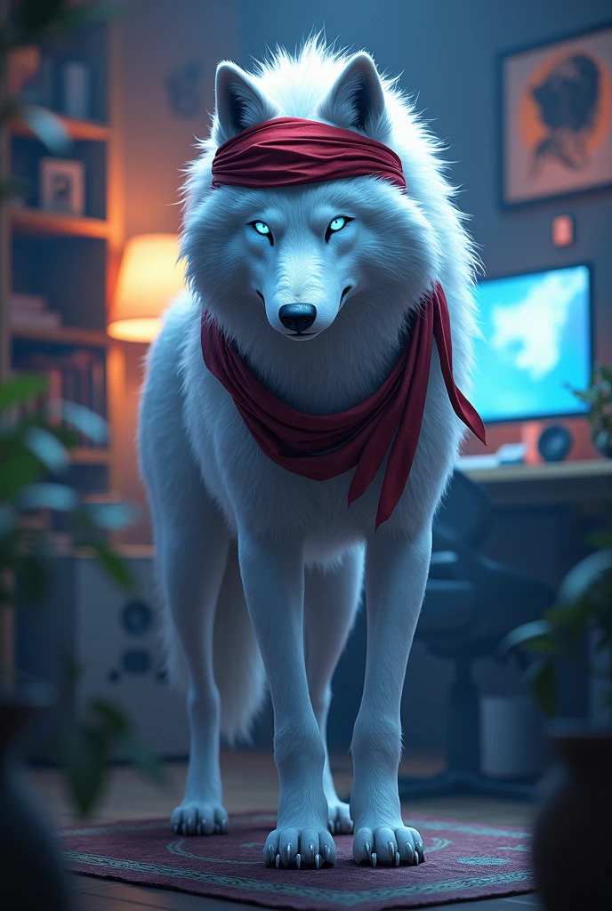 A white wolf with blue eyes, wearing a red headband across its head like a ninja, and in the background, a gamer's room.