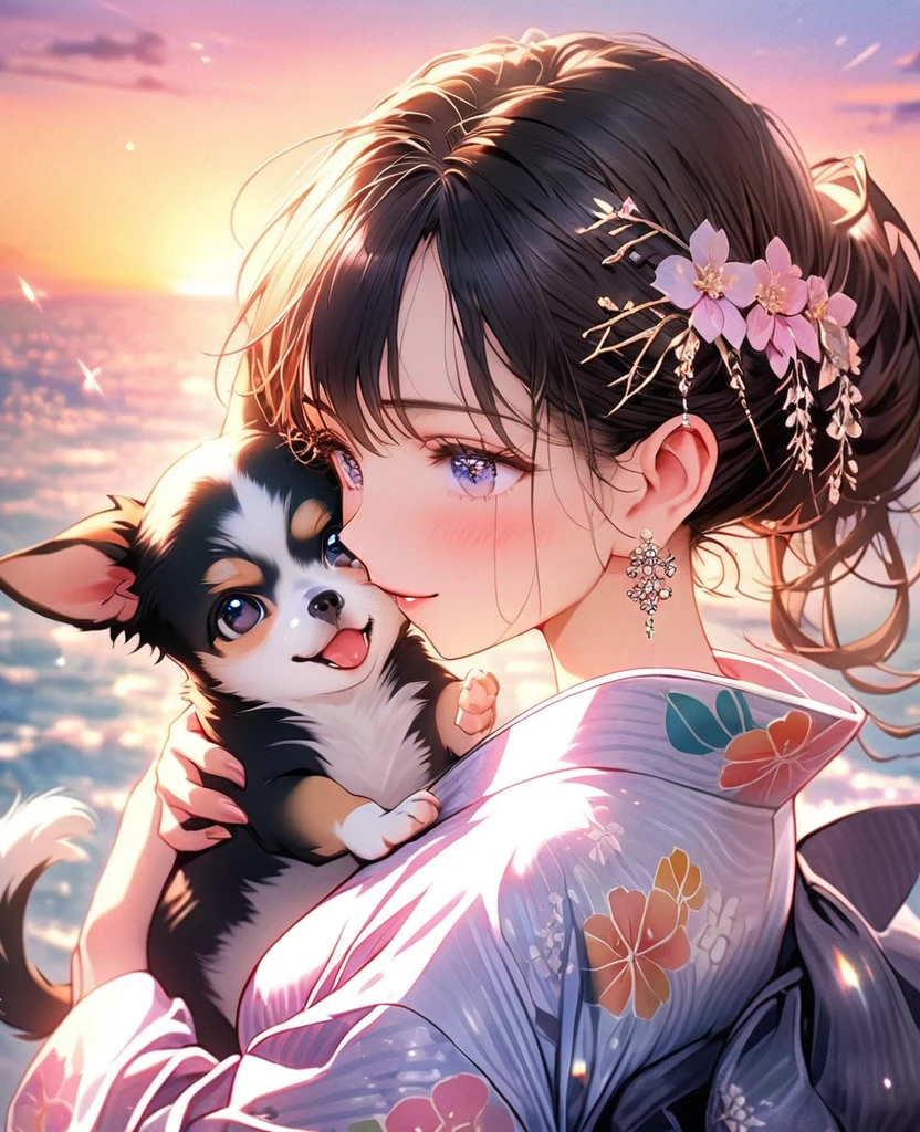 8k,Ephemeral beauty，Very delicate and beautiful,Beautiful and realistic skin,Small earrings that sparkle like jewels,Black Hair、Long and colorful hair,Beautiful Eyes,good,Beautiful sunset、dog(Chihuahua)hug、dogクリーム色、yukata
