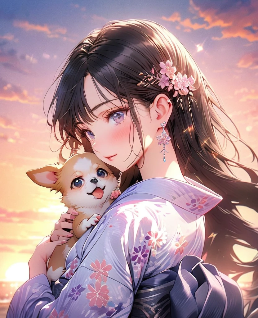 8k,Ephemeral beauty，Very delicate and beautiful,Beautiful and realistic skin,Small earrings that sparkle like jewels,Black Hair、Long and colorful hair,Beautiful Eyes,good,Beautiful sunset、dog(Chihuahua)hug、dogクリーム色、yukata
