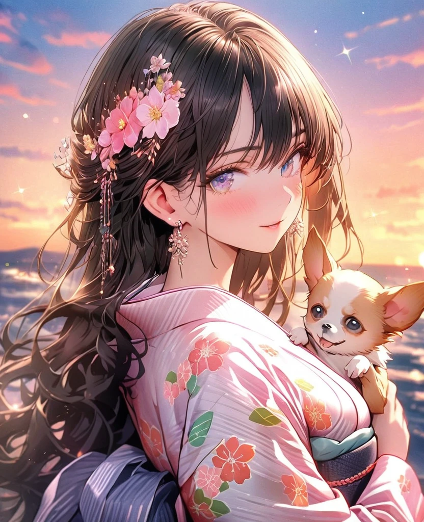 8k,Ephemeral beauty,Very delicate and beautiful,Beautiful and realistic skin,Small earrings that sparkle like jewels,Black Hair、Long and colorful hair,Beautiful Eyes,good,Beautiful sunset、dog(Chihuahua)hug、dogクリーム色、yukata