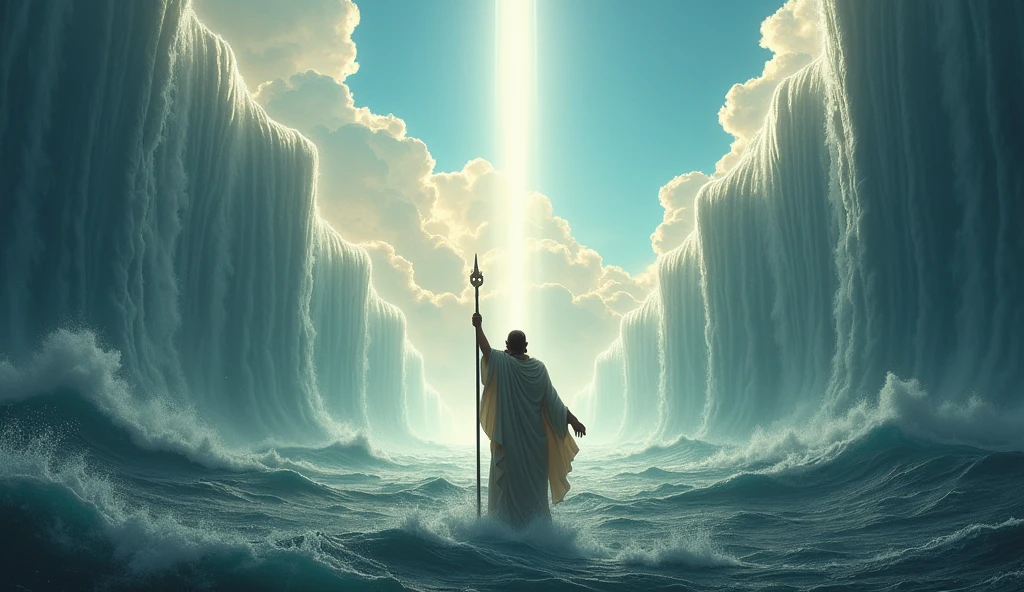 Moses raising his staff, as the waters of the Red Sea divide around him, forming walls of water. The sky is cloudy, with rays of light illuminating the scene. The Hebrew people appear in the background, In ecstasy and fear.