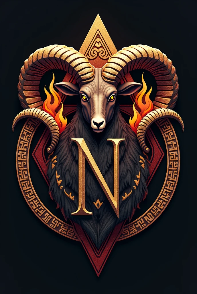"Create an intricate and powerful design of a stylized ram that symbolizes ancestral power, wisdom and protection. The ram should be in a dynamic pose, forming or intertwining with the letter N, which must be in a clear and elegant typography. Surround the dragon and the N with a circle or triangle that includes subtle details like flames, geometric patterns or ancient runes, evoking a barrier of protection against negative influences. The design must balance an old and modern aesthetic., using deep red colors, gold and black to symbolize fire, strength and protection. The design should be elegant and powerful, but not ostentatious, representing a timeless symbol that connects the present with the wisdom of the ancestors."