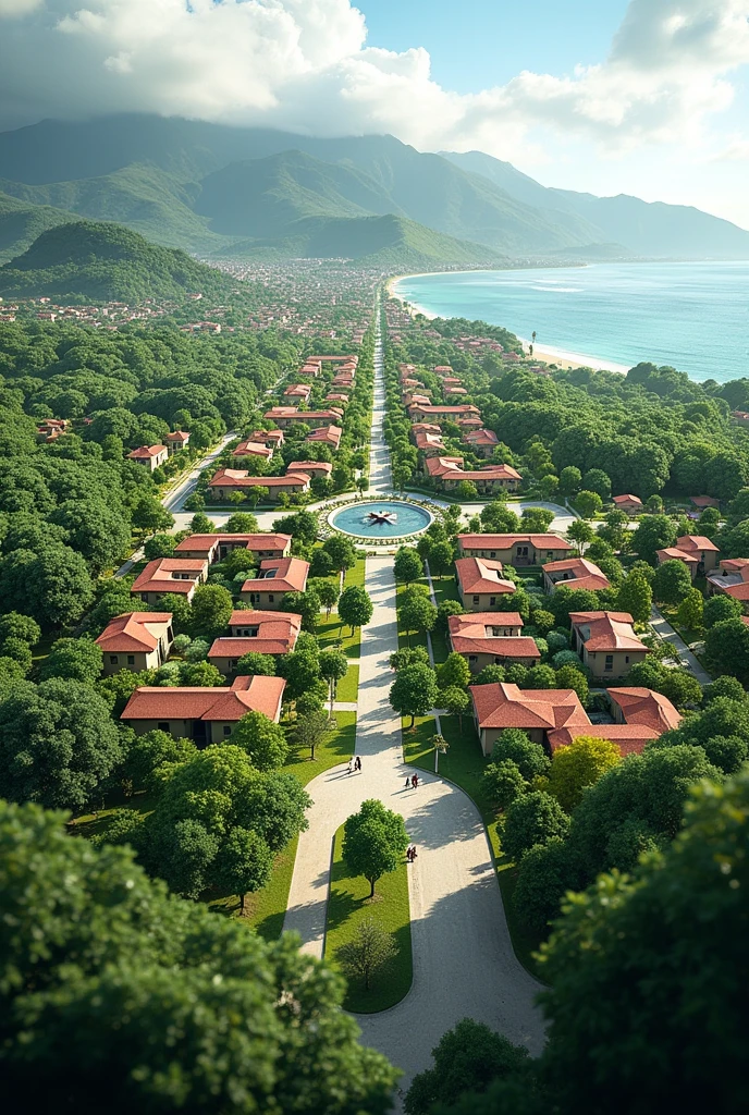 A highly detailed and sharp image of a municipality with green areas for a city called Harmonia Verde in the city of Esmeraldas, Ecuador, South America.
