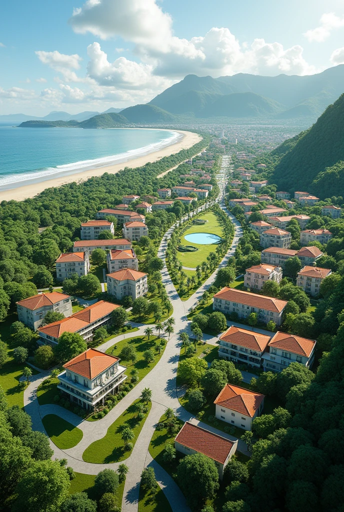 A highly detailed and sharp image of a municipality with green areas for a city called Harmonia Verde in the city of Esmeraldas, Ecuador, South America.