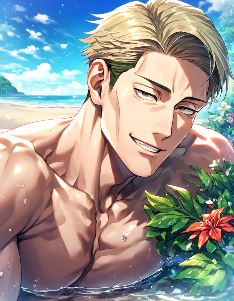 absurdres, highres, ultra detailed, HDR, master piece, Nanami Kento, blonde hair, expressive brown eyes, without shirt, Jujutsu Kaisen, toned chest, bare chest, sexy man, handsome, best quality, beach, fantasy, magical, solo, water, sensual, horny, green leaves, flowers, manly man, close up, handsome smile